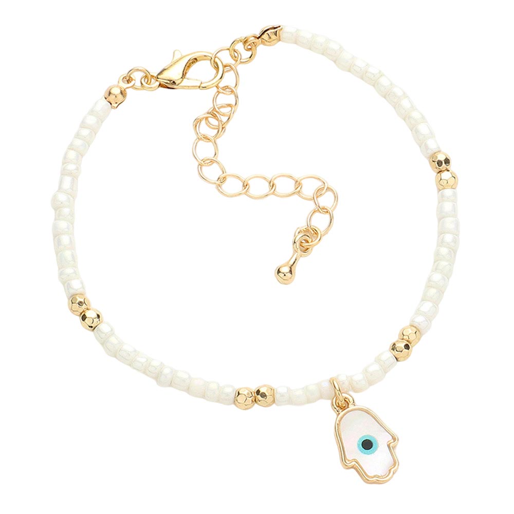 White Evil Eye Centered Hamsa Hand Charm Seed Beaded Bracelet, these evil eye-centered hamsa hand charm seed beaded bracelets are easy to put on, and take off and so comfortable for daily wear. Awesome gift for birthdays, Valentine’s Day, or any meaningful occasion.