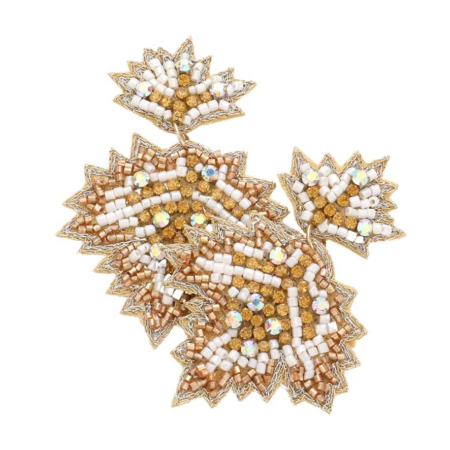 White Felt Back Stone Beaded Maple Leaf Dangle Earrings, these earrings are fun handcrafted jewelry that fits your lifestyle, adding a pop of pretty color. Enhance your attire with these vibrant artisanal earrings to show off your fun trendsetting style. Great gift idea for your wife, mom, or your loving One.