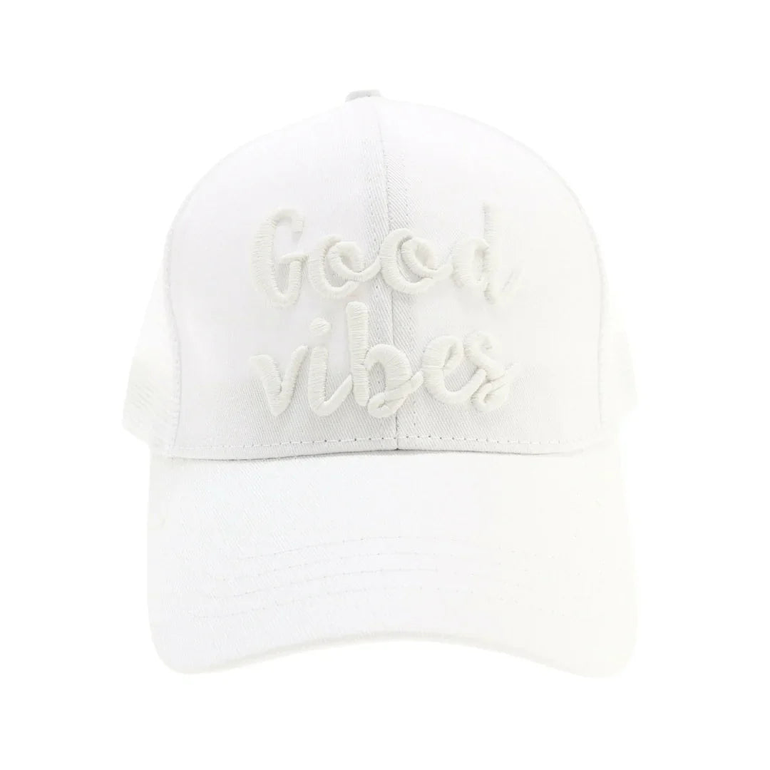 Good Vibes Embroidered Mesh Back High Ponytail CC Ball Cap combines style and functionality with its breathable mesh back and convenient high ponytail opening. Expertly crafted, this cap offers comfort and ventilation, making it ideal for active lifestyles. The embroidered "Good Vibes" detail adds a subtle, uplifting touch to your everyday look. Perfect for those seeking both practicality and a positive statement in their headwear.