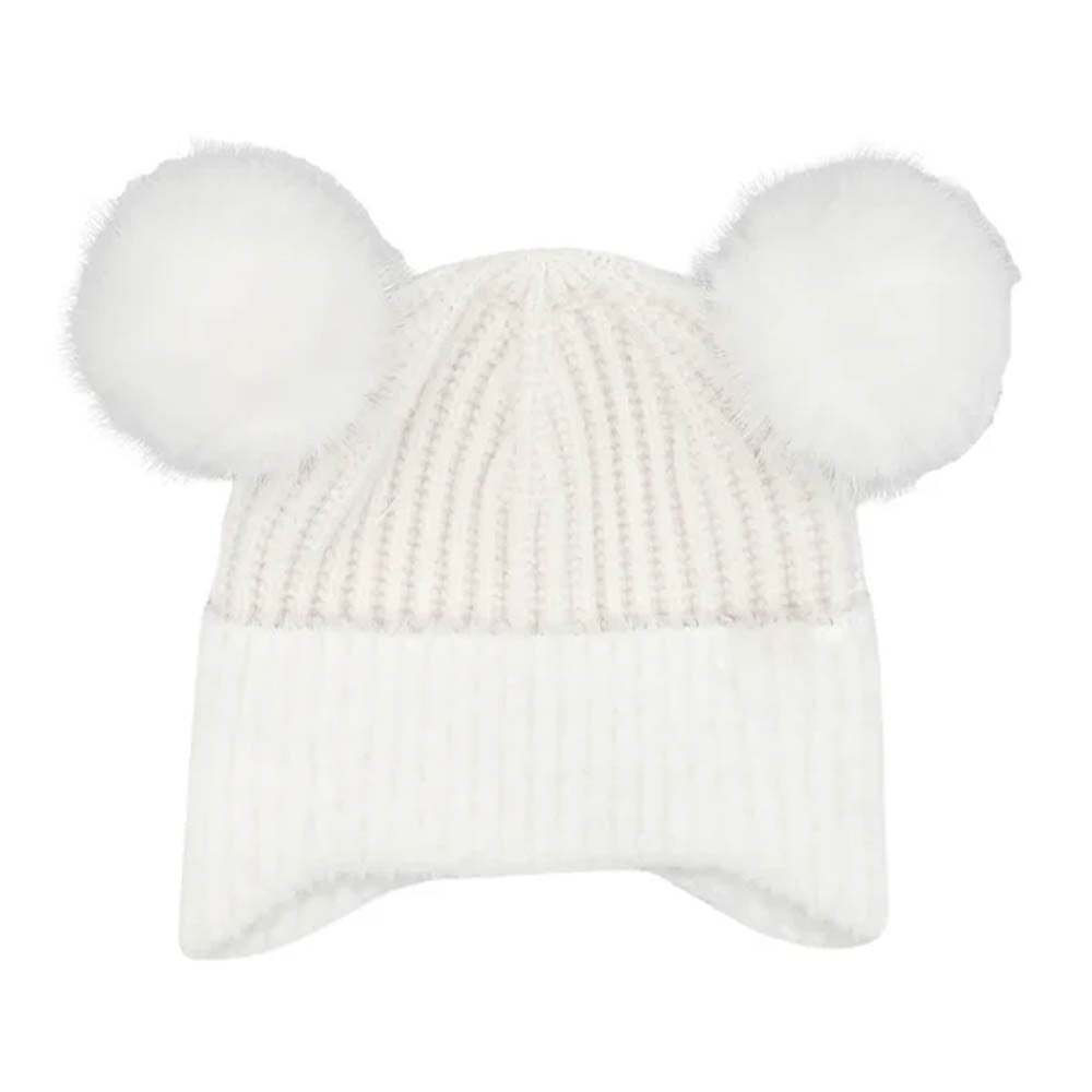White Kids Faux Fur Earflap Double Pom C.C Beanie combines warmth and playful design, featuring soft faux fur earflaps for added protection against cold and two double pom-poms for a charming look. Crafted from durable materials, this beanie ensures comfort and reliable insulation, making it an excellent choice for keeping children cozy during winter activities.