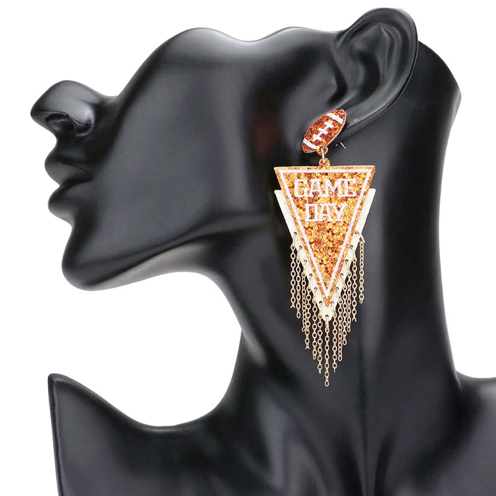 White Orange Stay stylish and support your favorite team with these Game Day Message Glittered Football Pennant Flag Chain Link Dangle Earrings. Crafted with a glittery football pennant flag, they feature a chain link dangle design for a seasonal and sporty look. Show off your team spirit in style!