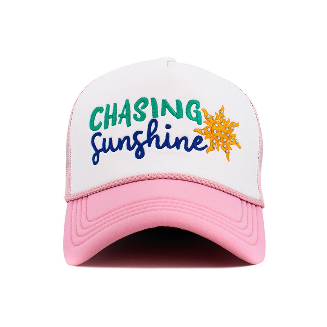 White Pink Soak up warm-weather style with this CHASING SUNSHINE embroidered foam trucker hat, featuring a charming stone sun detail and breathable string mesh back. Lightweight and comfortable, it’s perfect for beach trips, road adventures, and everyday summer wear.