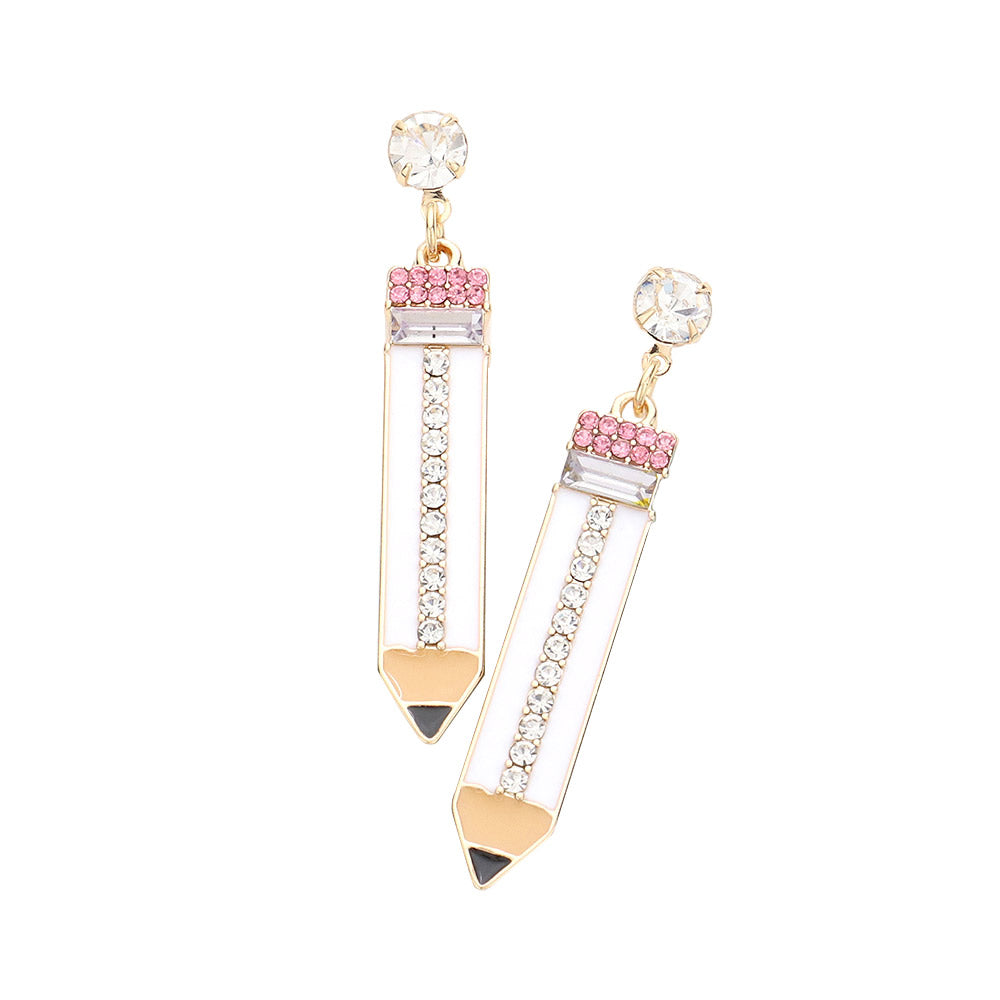White Rhinestone Embellished Enamel Pencil Earrings, turn your ears into a chic fashion statement with these Rhinestone Pencil earrings! These pencil dangle earrings are very lightweight and comfortable, you can wear these for a long time on special occasions. The beautifully crafted design adds a gorgeous glow to any outfit.