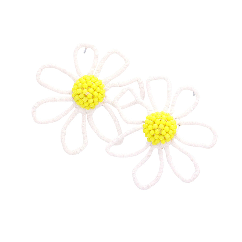 White Seed Beaded Raffia Wrapped Flower Earrings, turn your ears into a chic fashion statement with these raffia-wrapped flower earrings! These raffia-wrapped flower earrings are very lightweight and comfortable, you can wear these for a long time on the occasion. The beautifully crafted design adds a gorgeous glow to any outfit.