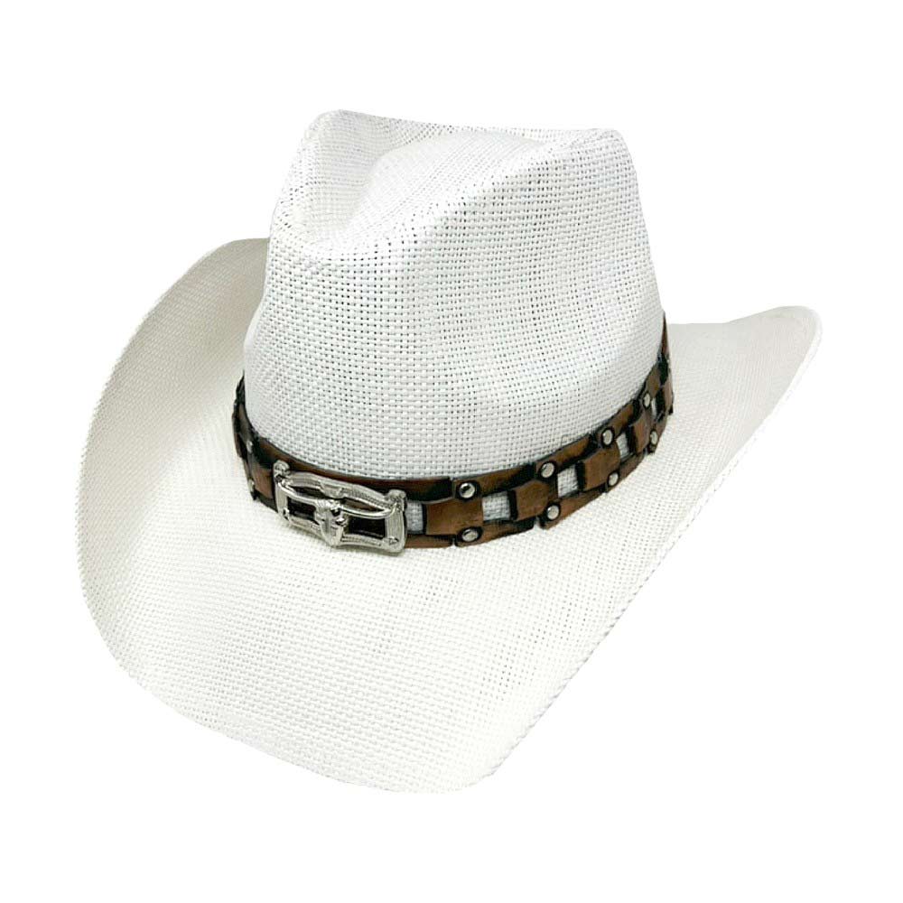 White Steer Head Pointed Faux Leather Band Straw Cowboy Hat, Stay stylish and comfortable with our modern cowboy hat. Made with high-quality paper materials, this hat features a classic pointed design and a faux leather band with a steer head embellishment. Perfect for any outdoor or western-inspired event.