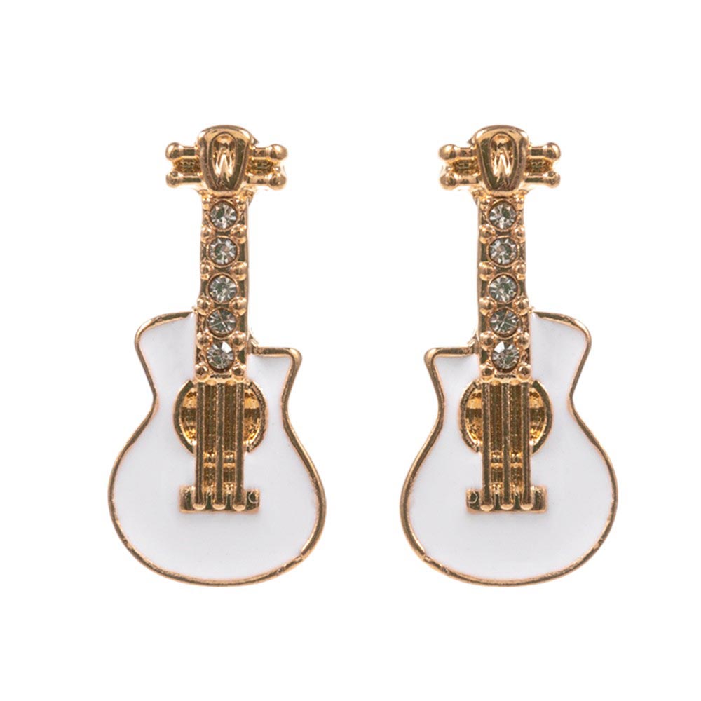 White-Stone Paved Enamel Guitar Stud Earrings, A stylish and unique addition to any jewelry collection. With a delicate design and expert craftsmanship, these earrings offer a sophisticated touch to any outfit. Made with high-quality materials, they are durable and long-lasting and perfect gift for your friends and lovers