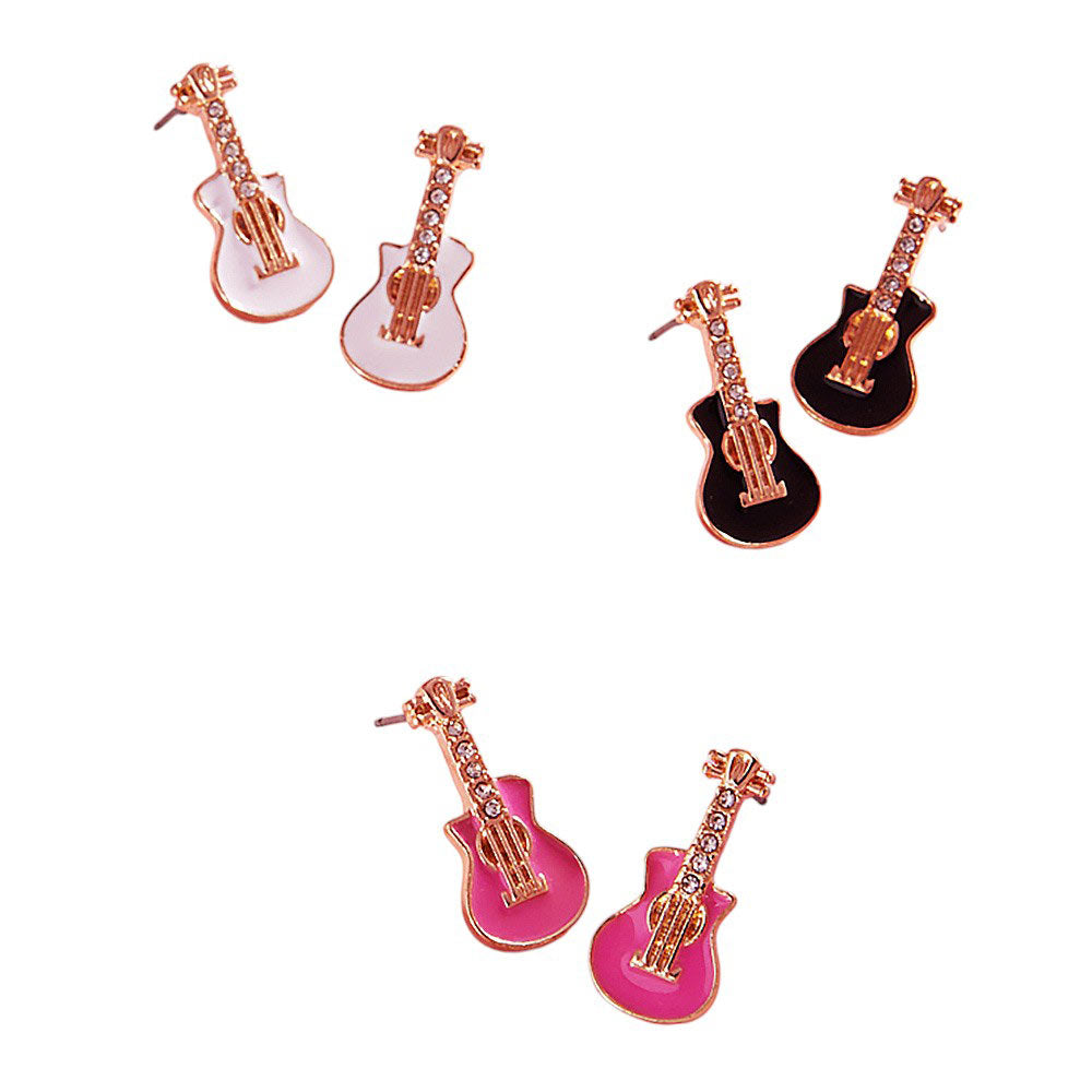 White-Stone Paved Enamel Guitar Stud Earrings, A stylish and unique addition to any jewelry collection. With a delicate design and expert craftsmanship, these earrings offer a sophisticated touch to any outfit. Made with high-quality materials, they are durable and long-lasting and perfect gift for your friends and lovers
