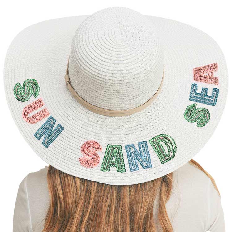 Sun Sand Sea Sequin Message Straw Panama Sun Hat - White - Sun Hats