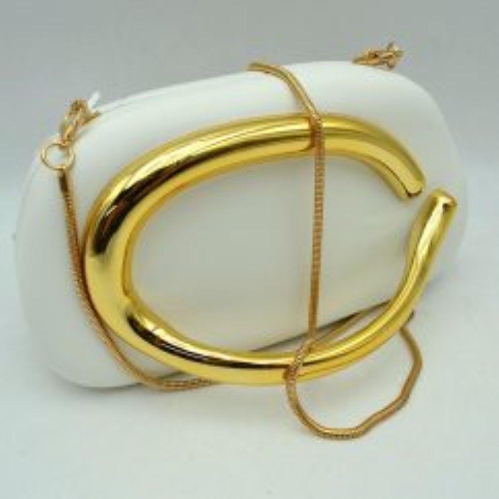 White This structured, hard shell clutch bag functions as an elegant accessory for everyday use or special occasions, featuring a smooth matte surface. A large, prominent metallic ring handle anchors the front design, offering a secure hand-held grip. For alternative carrying styles, the bag is equipped with a detachable metallic snake chain strap that secures to the top corners with lobster claw clasps, providing functional storage in a compact, rigid silhouette.