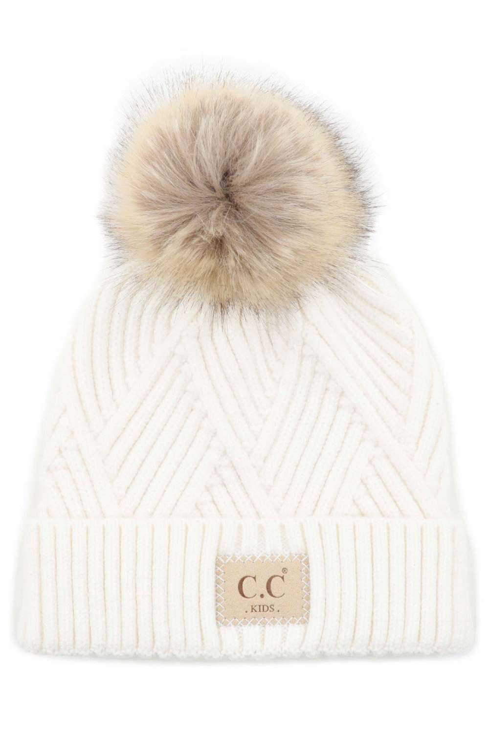 White Keep your little one cozy with this C.C Kids Knit Beanie, featuring a playful diagonal stripes criss-cross pattern. Crafted from a soft blend of 47% rayon, 31% PBT, and 22% nylon, this beanie offers warmth and durability for everyday wear.