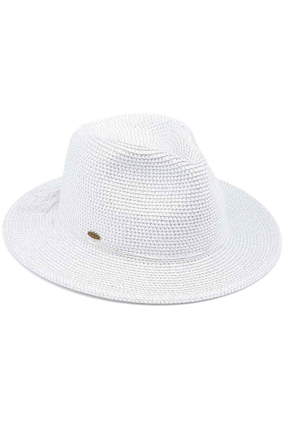 White This C.C Paper Straw Panama combines timeless style with modern sparkle. Crafted from 88% paper and 12% polyester with eye-catching lurex accents, it features a classic 2.5" brim in a universally flattering one-size fit. The breathable paper blend keeps you comfortable in warm weather while providing reliable sun protection. Perfect for beach days, outdoor events, and vacation packing, this versatile hat transitions seamlessly from casual to polished looks.