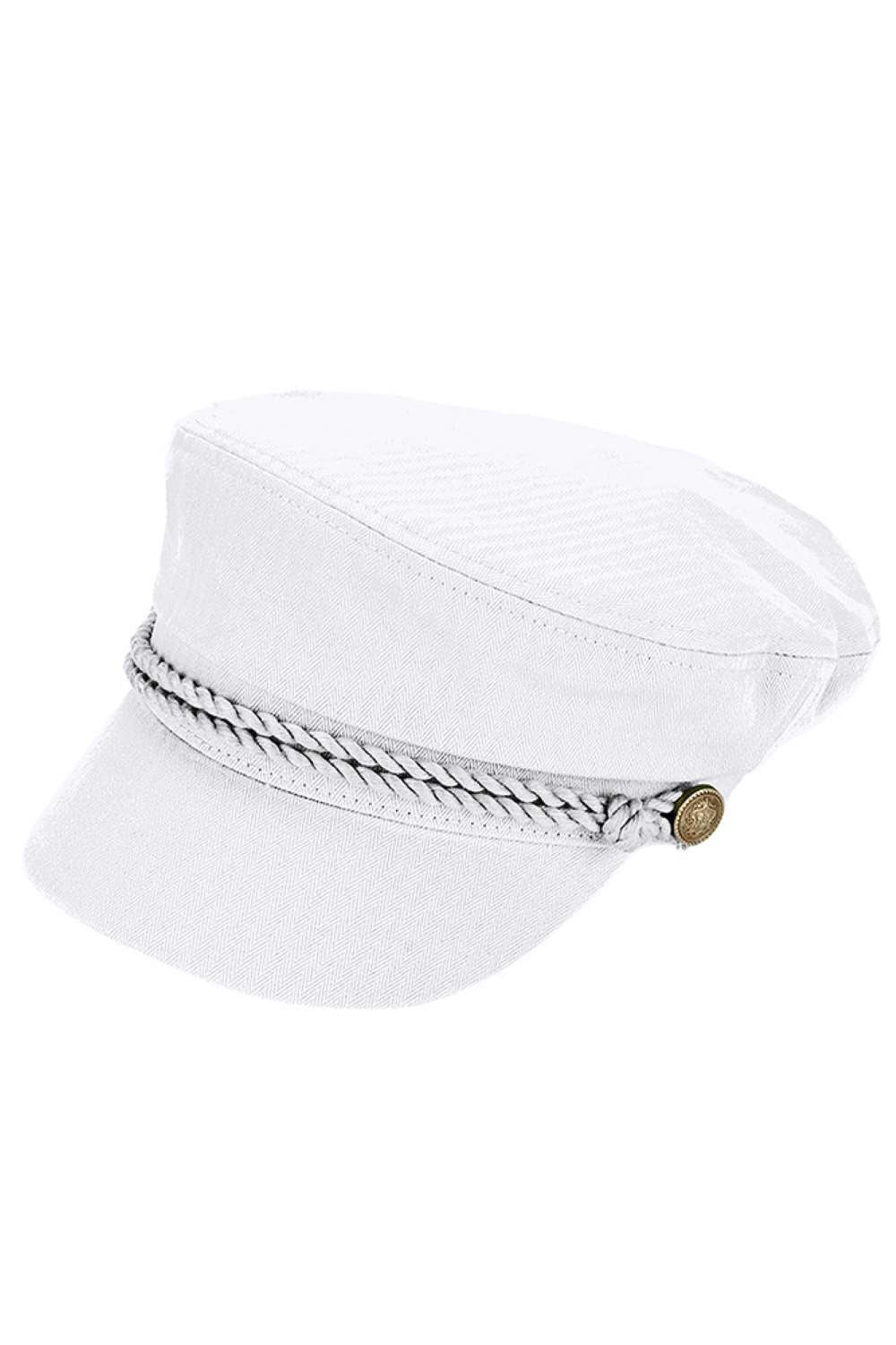 White Classic cotton fishing cap with timeless appeal. Crafted from 100% cotton for breathability and comfort, this solid-color cap features decorative rope detailing with button accents for a refined look. The structured design includes a 2" brim for sun protection, fitting most head sizes at 22.5–23" circumference. Perfect for outdoor adventures, casual wear, or everyday style.