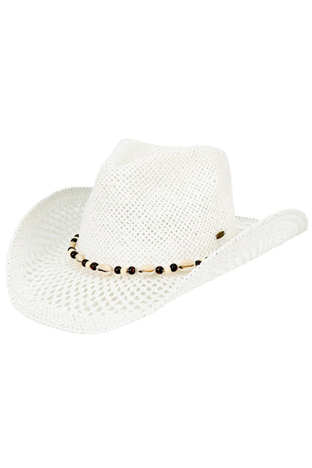 White Elevate your summer style with this charming C.C paper cowboy hat, featuring an eye-catching seashell and bead band pattern. Crafted from 100% paper for breathable comfort, it's the perfect lightweight accessory for beach days, festivals, or casual outings. With a 3.5" brim and 4.5" crown height, this one-size hat offers a flattering fit for most. The 22.6" circumference ensures a secure, comfortable wear. Made in China, it's an affordable way to add Western-inspired flair to any warm-weather wardrobe