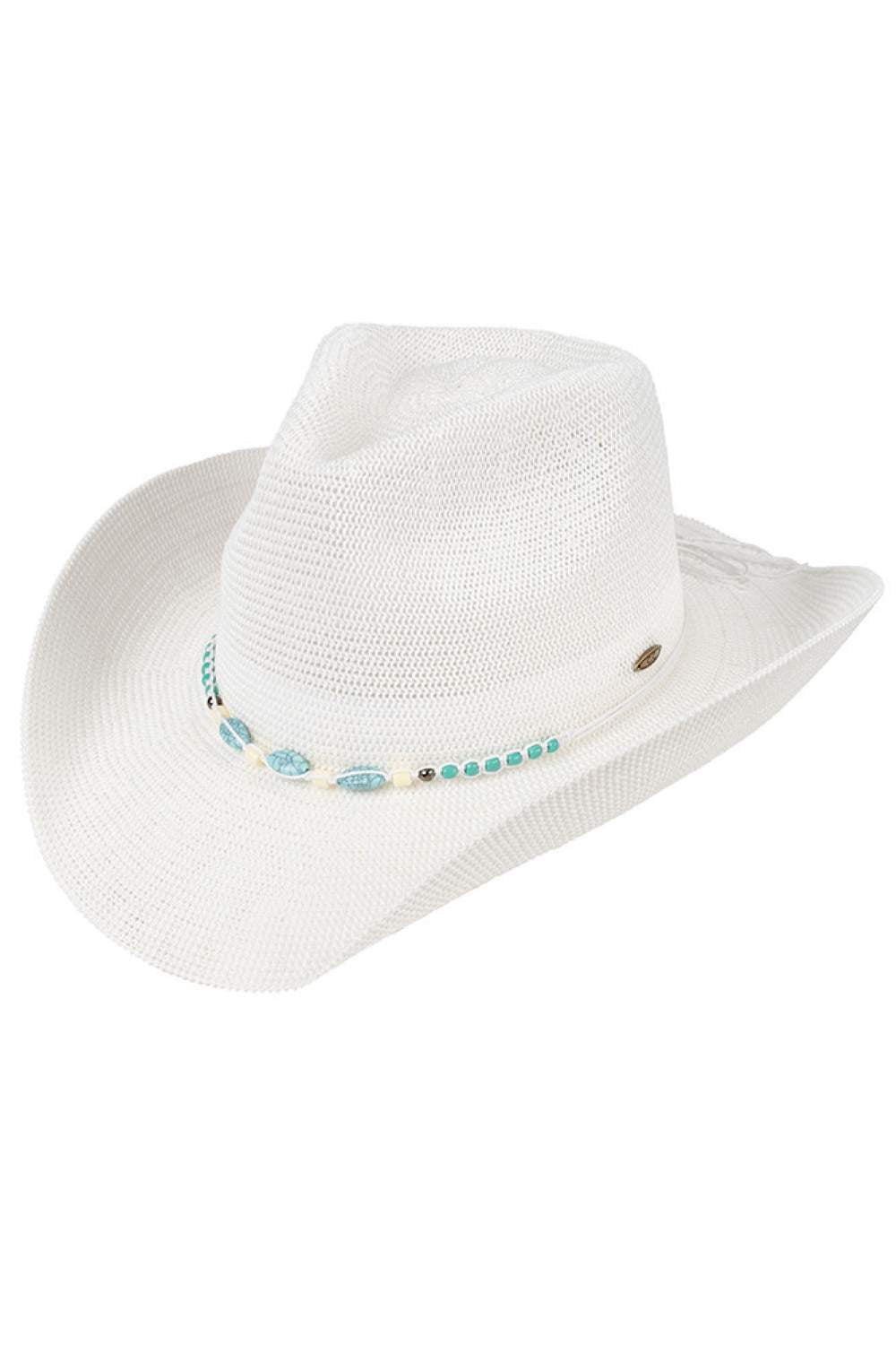 White Elevate your western style with this striking C.C Cowboy Hat, featuring a beautiful turquoise stone accent and decorative beaded string band. Crafted from a breathable blend of 60% paper and 40% polyester, this one-size hat offers comfort and durability for all-day wear. The knitted construction provides a soft, flexible fit with a generous 22.6" circumference. The 3.5" brim shields from the sun while the 4.5" crown delivers that classic cowboy silhouette. Perfect for festivals, ranch days, or adding