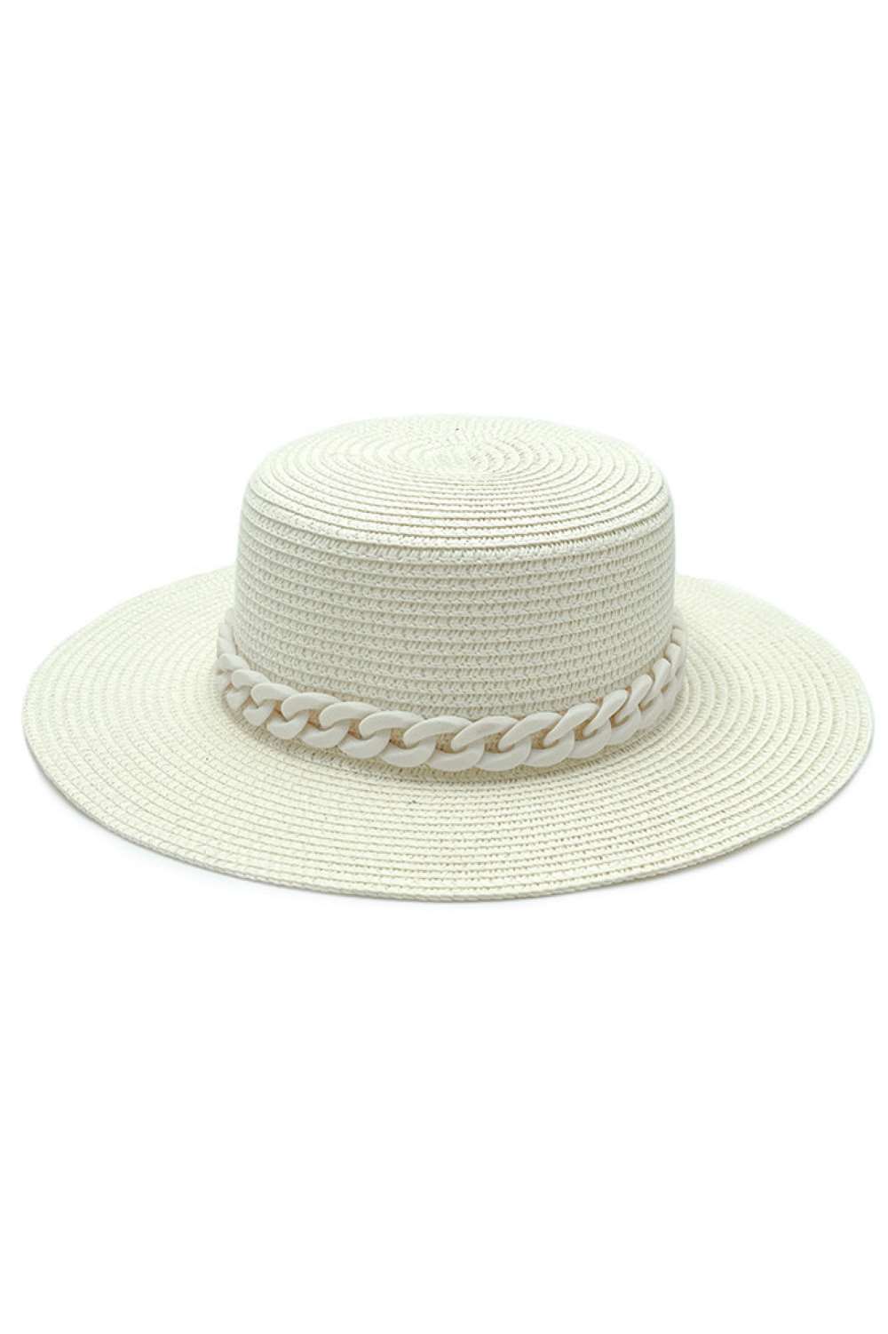 White Make a statement with this Chain Accent Boater Hat, designed for effortless summer style. Crafted from 100% paper, it's lightweight and breathable perfect for all-day wear at the beach, outdoor events, or casual outings. The eye-catching chain accent detail elevates the classic boater silhouette, adding modern flair to a timeless shape.