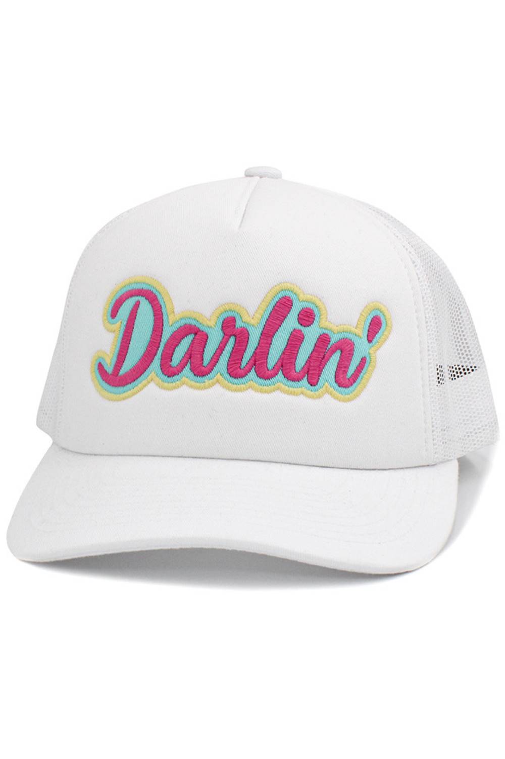 White DARLIN Vintage Distressed Baseball Cap features a trendy worn-in finish with charming lettering that adds a touch of rustic flair to any casual outfit. Designed with a comfortable relaxed fit and adjustable back closure, it’s perfect for everyday wear, road trips, or laid-back weekend looks.