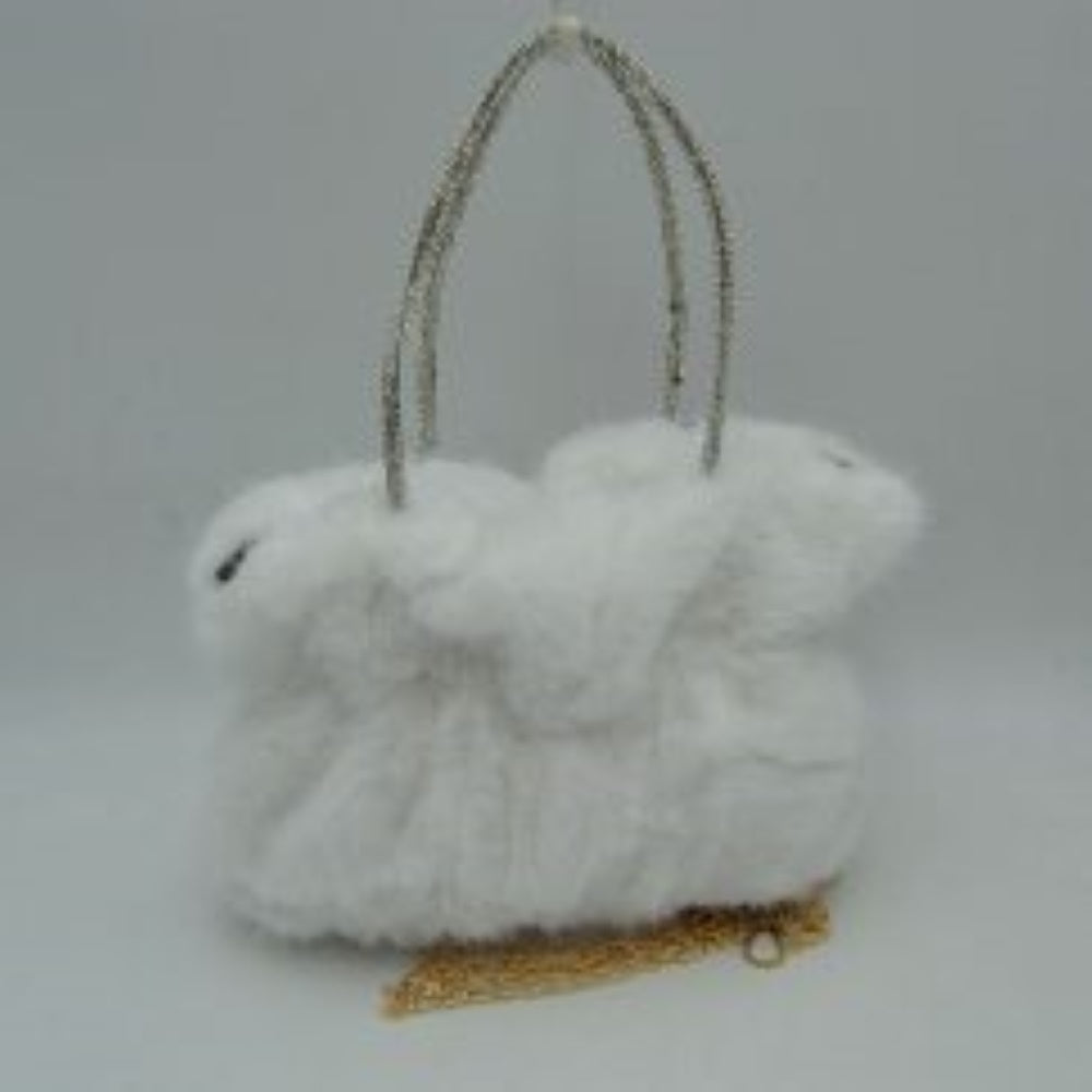 White This unique everyday handbag features a soft, dense plush exterior that brings a cozy texture and modern look to your accessory collection. Designed with a slouchy, gathered silhouette, it features a central main storage compartment to keep your daily items within easy reach. The bag stands out with dual top handles covered in shimmering rhinestone details for elegant hand carrying, alongside a detachable metallic chain strap that offers versatile hands-free shoulder wear.