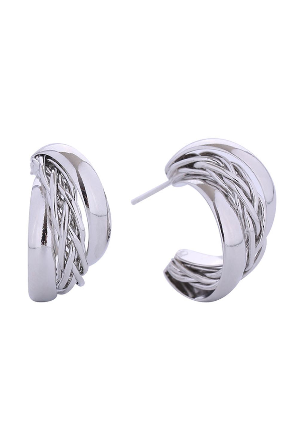 White Gold Elegant crossover hoop post earrings crafted in brass with 14K gold and white gold dipping. These hypoallergenic studs measure 2.2cm and are lead and nickel compliant, making them safe for sensitive skin. Designed and made in Korea, they offer a timeless look with modern comfort. Perfect for everyday wear or special occasions.