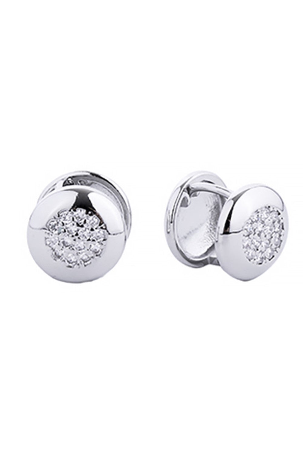 White Gold Elegant huggie earrings featuring a lustrous 14K gold or white gold dip over brass. Each earring is adorned with sparkling cubic zirconia pavé detailing for a luxurious finish. With a delicate 1.02cm diameter, these hypoallergenic earrings are perfect for everyday wear and sensitive ears. Lead and nickel compliant for peace of mind. A timeless addition to any jewelry collection.