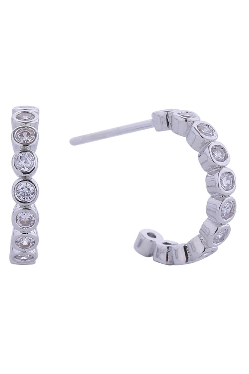 White Gold Elegant 14K link round cubic zirconia hoop post earrings crafted from hypoallergenic brass. These timeless hoops feature sparkling CZ stones that catch the light beautifully, perfect for everyday wear or special occasions. Lead and nickel compliant for safe, comfortable wear. The secure post back ensures stability throughout the day. A versatile addition to any jewelry collection.