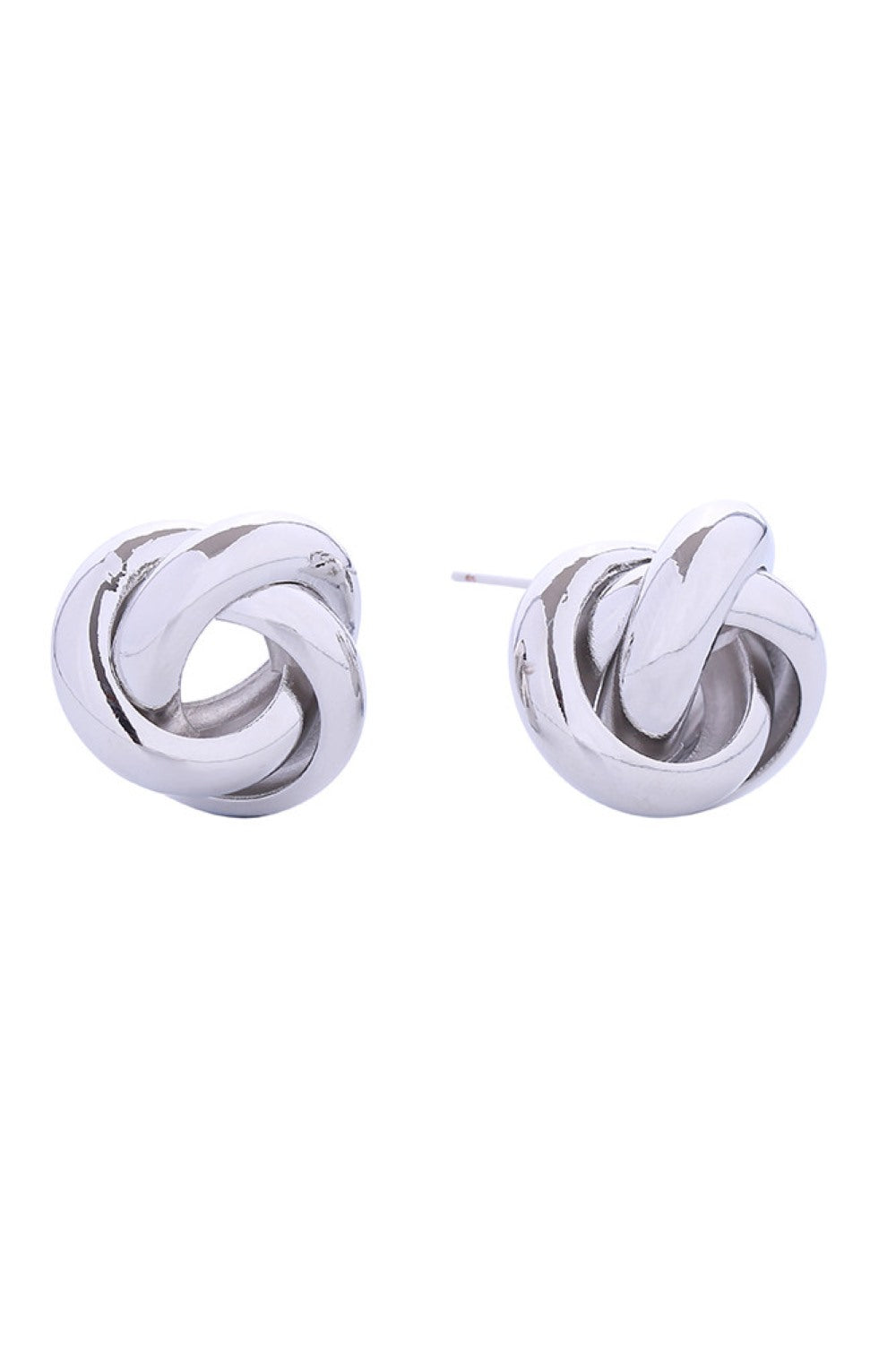 White Gold Elegant love knot post earrings crafted in brass with 14K gold and white gold dipping. These delicate studs measure 2.3cm and feature a timeless knotted design perfect for everyday wear or special occasions. Hypoallergenic construction makes them ideal for sensitive ears. Lead and nickel compliant for peace of mind. Expertly made in Korea with attention to quality craftsmanship.