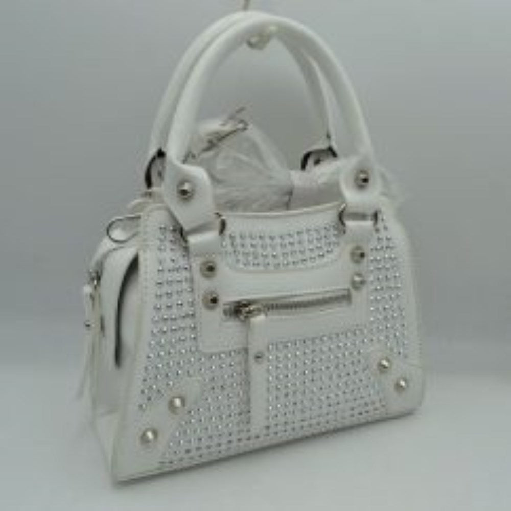 White This striking satchel bag features an elaborate array of rounded studs arrayed across the front panel, complemented by metallic corner patches and decorative rivets. Perfect for bringing a touch of bold style to everyday wear, it is designed with dual structured top handles for comfortable handheld carrying and features a front zippered storage compartment with a matching pull tab for easy access to smaller items. A secure main zippered closure ensures your daily essentials are protected
