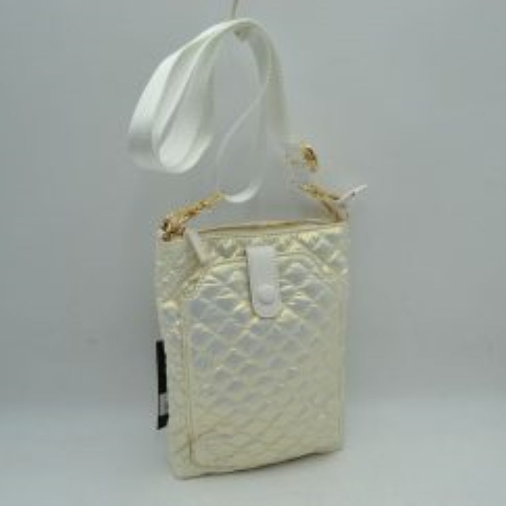 White This functional vertical crossbody pouch bag is designed for organized everyday use, featuring a classic diamond-quilted exterior texture. The front panel includes a dedicated secondary storage compartment secured by a central vertical tab with a snap button closure for quick access to essentials. A secure top zipper opening keeping the main compartment safe is accented with polished metallic hardware