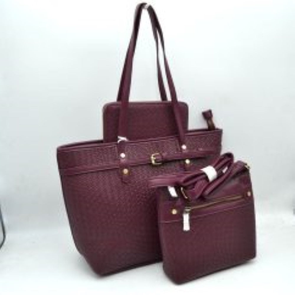 Wine This multi-piece bag set features a matching woven textured design across all items, offering a versatile and coordinated look for everyday use. The main tote bag is styled with dual top shoulder handles, a decorative front horizontal strap with a buckle accent, and a top zipper closure to secure the spacious main compartment. Included in the set is a smaller matching crossbody bag equipped with a front zippered pocket and a bundled adjustable, detachable shoulder strap for hands-free carrying.