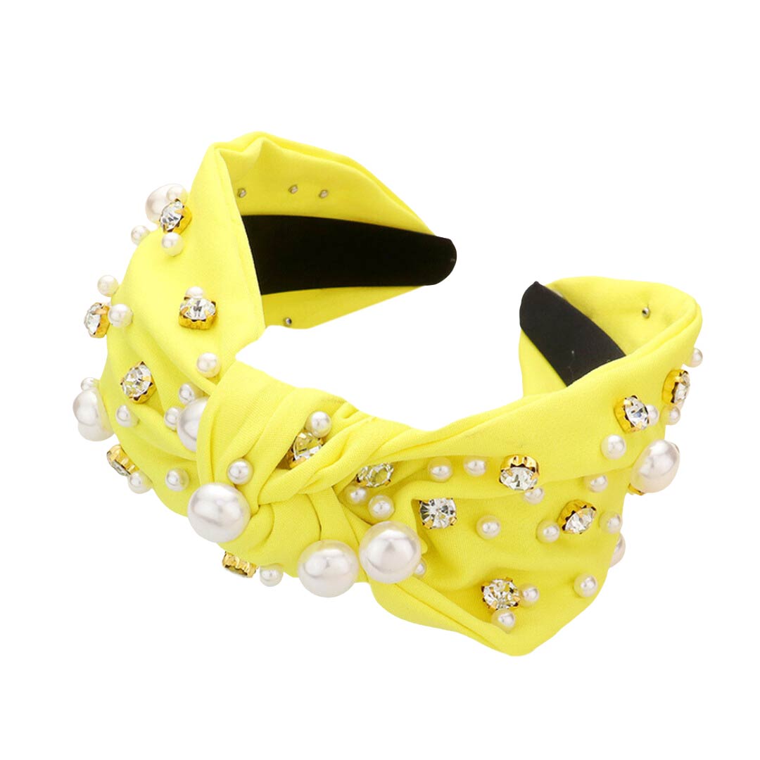 Yellow Pearl Round Stone Embellished Knot Burnout Headband, create a natural & beautiful look while perfectly matching your color with the easy-to-use stone burnout headband. Push your hair back and spice up any plain outfit with this pearl round heart knot headband! Be the ultimate trendsetter & be prepared to receive compliments wearing this chic headband with all your stylish outfits!