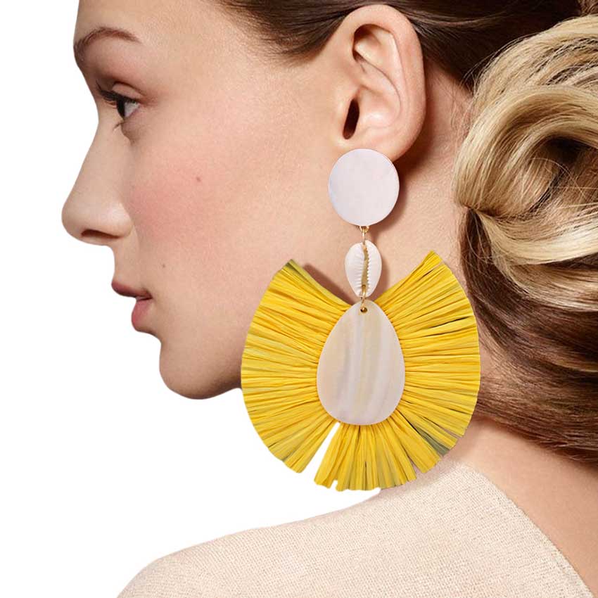 Yellow Puka Shell Mother of Pearl Teardrop Raffia Trimmed Earrings, adorn yourself with these teardrop raffia trimmed earrings! puka shell mother-of-pearl teardrop earrings go perfectly with a t-shirt, summer dress or work clothes, beach party, and many more.