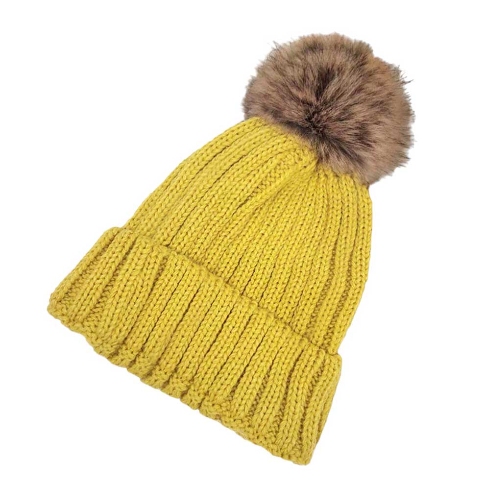 Yellow Solid Knit Faux Fur Pom Pom Beanie Hat, stay warm during the chilly months with this cozy pom pom beanie hat. This is the perfect hat for any stylish outfit or winter dress. Perfect gift item for Birthdays, Christmas, Stocking stuffers, Secret Santa, holidays, anniversaries, Valentine's Day, etc.