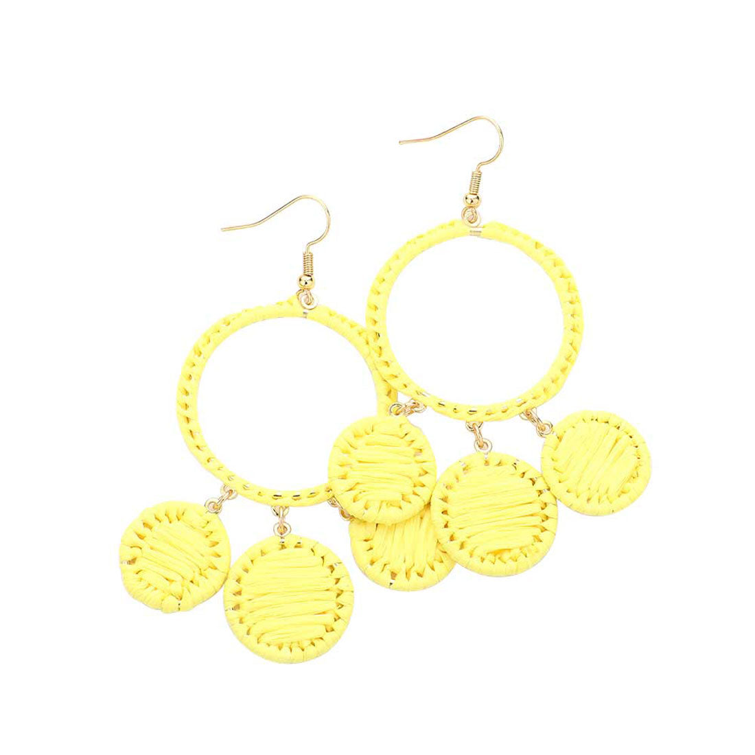 Yellow Woven Raffia Open Circle Triple Round Link Dangle Earrings. The Beautifully crafted design adds a glow to any outfit. Look like the ultimate fashionista with these swirl raffia triple round link earrings! Which easily makes your events more enjoyable. These earrings make you extra special on occasion. These swirl raffia round earrings enhance your beauty and make you more attractive. These dangle earrings make your source more interesting and colorful.