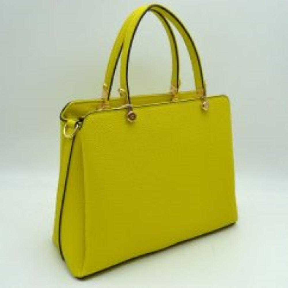 Yellow This structured handbag is designed for everyday use, featuring dual arched top handles attached with round metallic hardware. The design includes multiple storage compartments to organize your belongings, featuring a central zippered closure alongside separate side compartments.