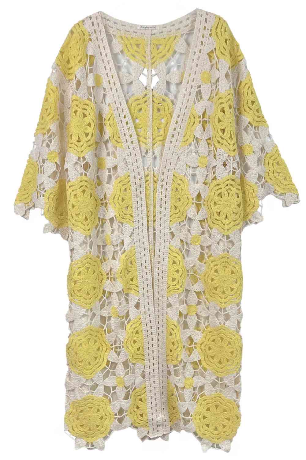 Yellow Elevate your wardrobe with this charming Flower Two Tone Crochet Cardigan. Crafted from soft, durable 100% acrylic, this piece features an intricate floral crochet design in complementary tones that adds texture and visual interest to any outfit. Perfect for layering over your favorite tops, this cardigan offers a relaxed, bohemian aesthetic. The generous dimensions (41.3" x 21.3") provide comfortable coverage and ease of movement.