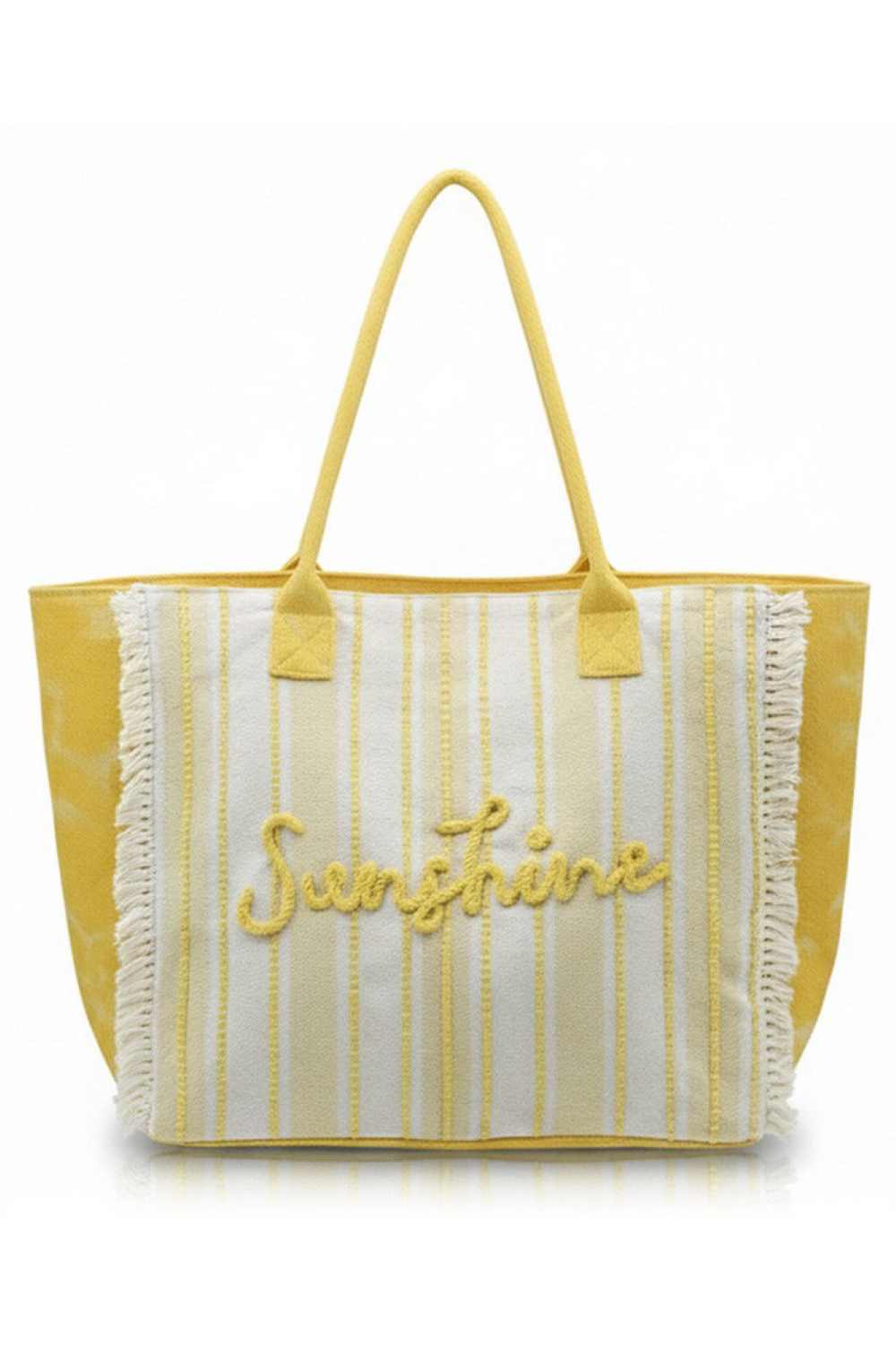 Yellow Carry your essentials in retro style with this vintage-inspired tote bag. Featuring a bold "SUNSHINE" letter design paired with classic stripes and playful fringe detailing, it's the perfect accessory for beach days, shopping trips, or everyday adventures. Crafted from durable 100% polyester, this spacious bag measures 21.5" x 14" x 6" and includes a secure zipper closure and convenient inner pocket for organized storage. A fun, functional piece that brings nostalgic charm to your wardrobe.