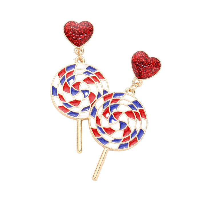 American USA Flag Heart Candy Cane Link Dangle Earrings - Multi - Earrings