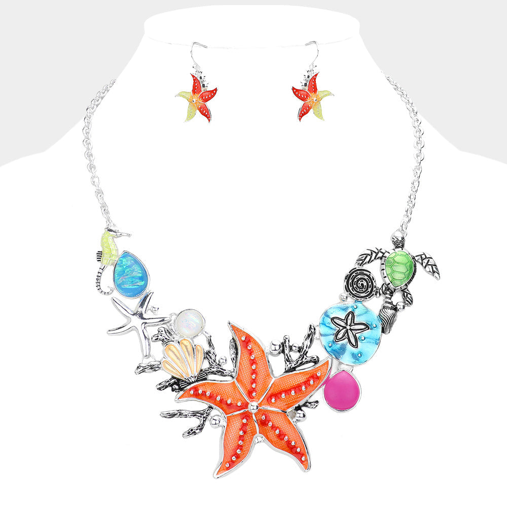 Antique Silver, Multi Antique Metal Starfish Sea Turtle Seahorse Shell Sand Dollar Necklace