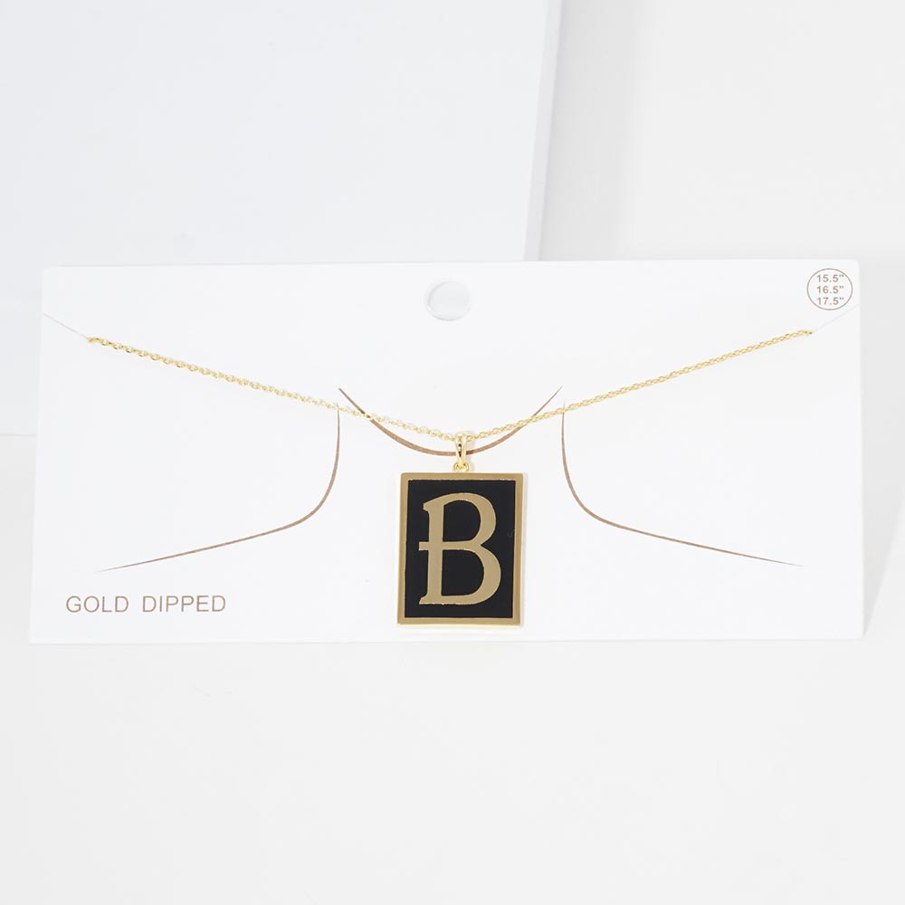 Gold -B- Gold Dipped Enamel Rectangle Initial Monogram Pendant Necklace