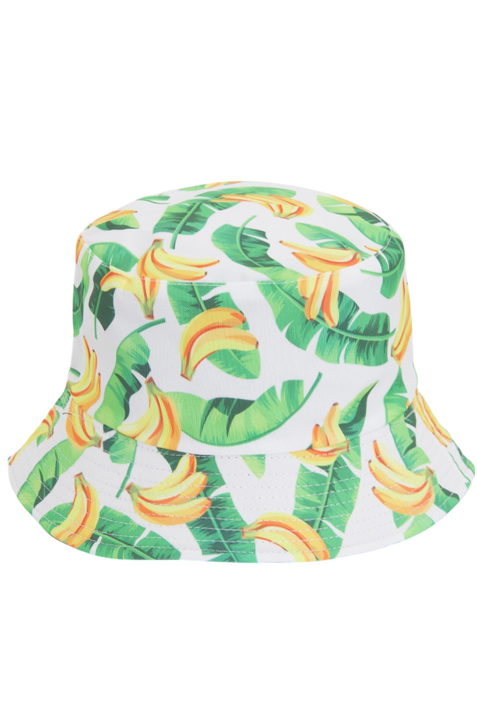 White BANANA PRINT REVERSIBLE BUCKET HAT features a playful banana print on one side, offering versatile styling options for your wardrobe. Constructed with quality materials for durability, it provides essential sun protection while making a distinctive fashion statement. Perfect for casual outings, festivals, or beach days.