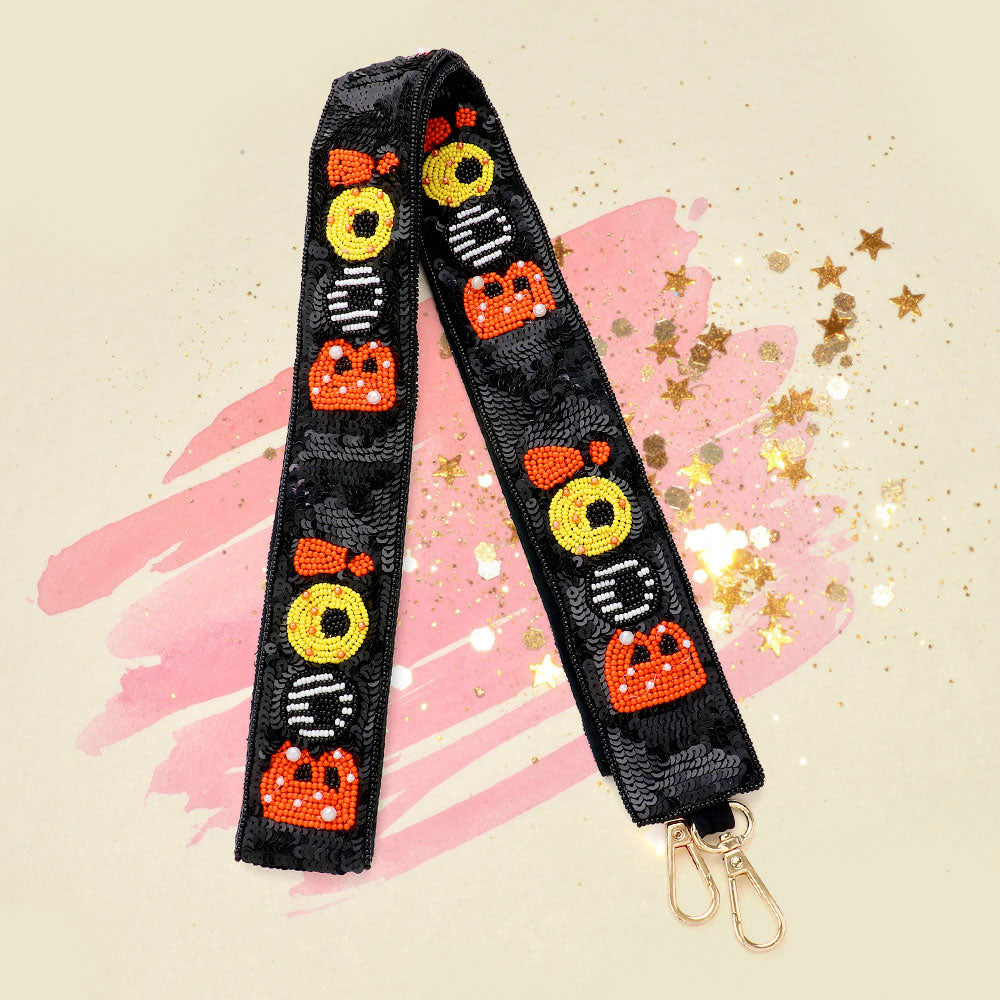 Black BOO Message Seed Beaded Bag Strap