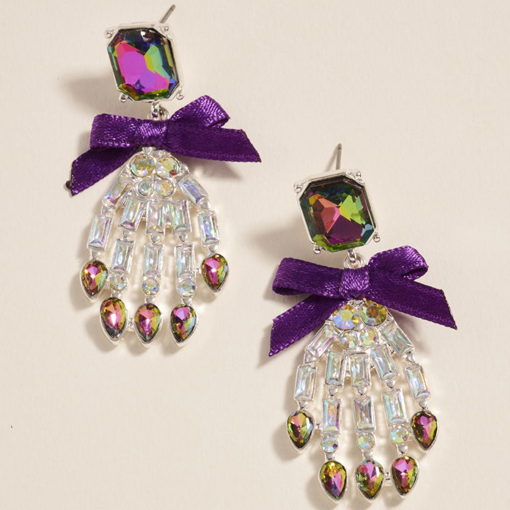 AB, Silver Bow Accent Glass Stone Skeleton Hand Dangle Earrings