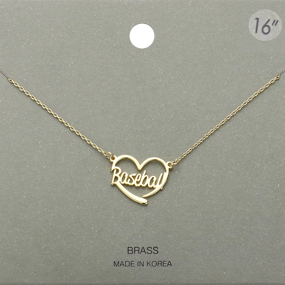 Gold Brass Metal Baseball Heart Pendant Necklace