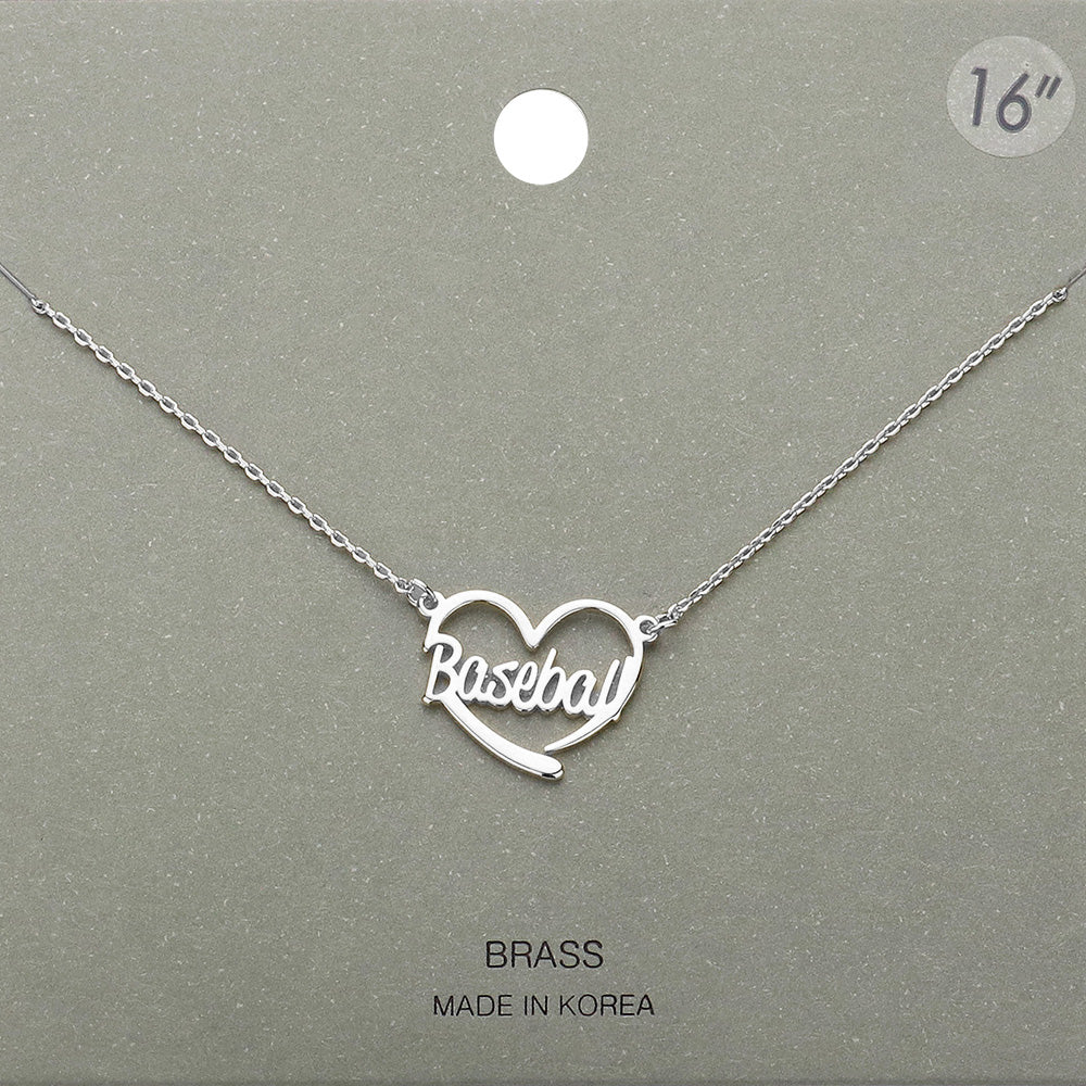 Rhodium Brass Metal Baseball Heart Pendant Necklace