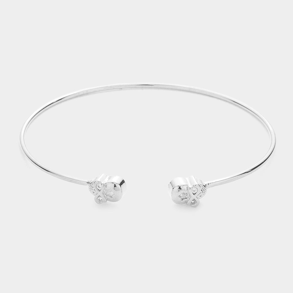 Rhodium Brass Metal CZ Embellished Skull Tip Cuff Bracelet