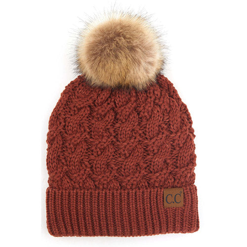 C.C Cable Ribbed Beanie Natural Plush Faux Fur Pom Pom Hat - Rust - Beanies