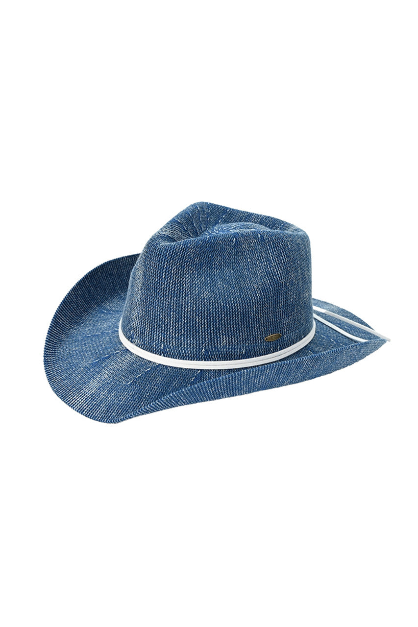 Denim C.C Kid Washed Knitted Denim Cowboy Hat combines durable denim fabric with a soft knitted texture, offering both comfort and style for children. Its washed finish gives a trendy, worn-in look, while the cowboy design adds a playful, classic touch. Perfect for everyday wear or outdoor adventures, this hat provides sun protection and a secure fit, making it a practical and fashionable accessory for young explorers.