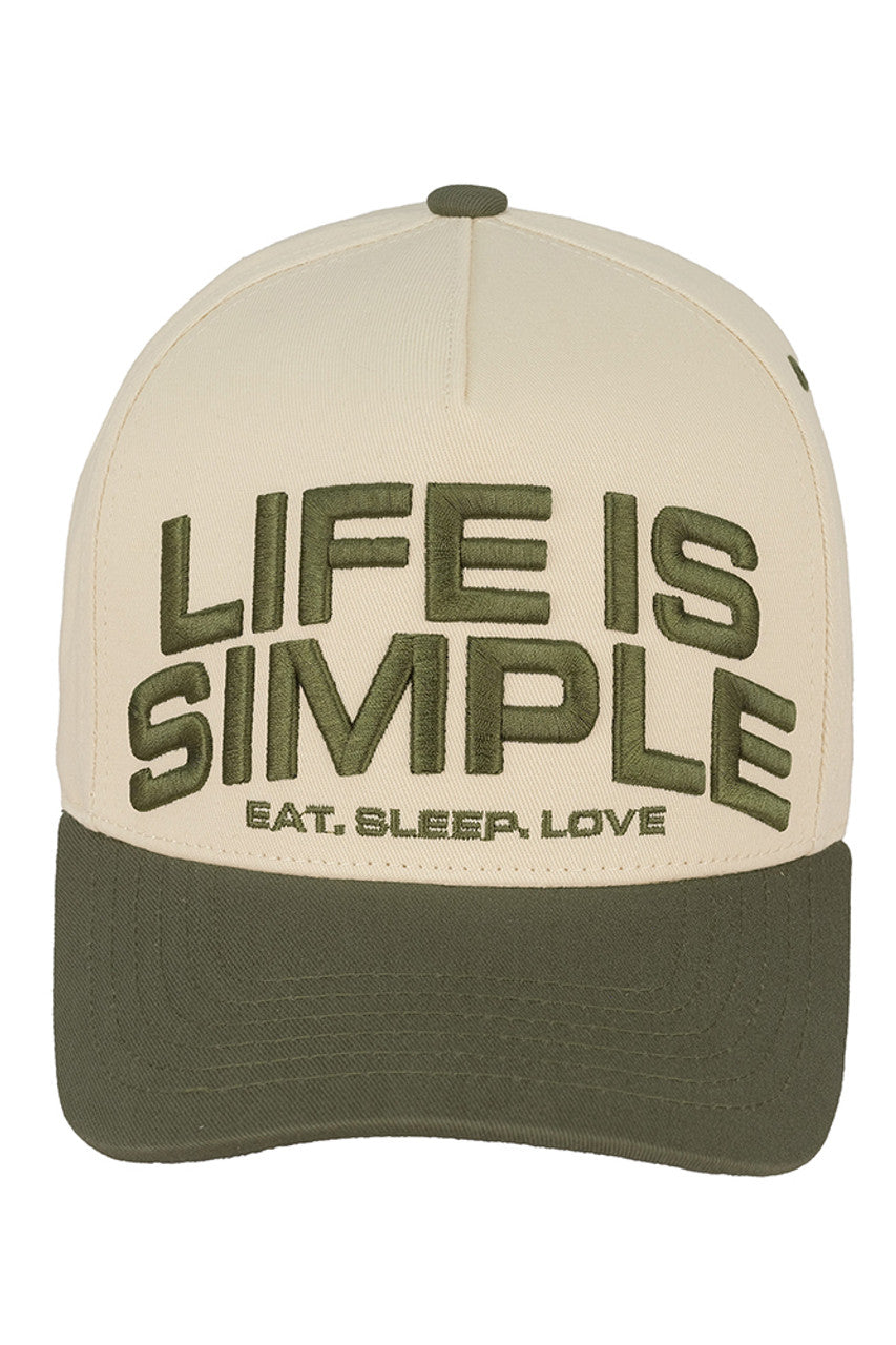 Olive C.C LIFE IS SIMPLE EAT, SLEEP, LOVE Trucker Cap combines practical design with a meaningful message. Crafted with breathable mesh and an adjustable snapback closure, it ensures comfort and a customizable fit. This cap is perfect for those who appreciate simplicity and want to showcase a lifestyle centered on essential joys—eating well, resting, and loving fully—while maintaining a stylish, casual look.