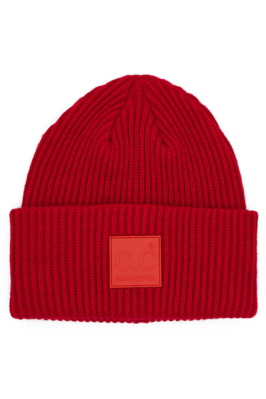 C.C Solid Ribbed Knit Detailed Beanie With Rubber Patch Hat - Red - Beanies