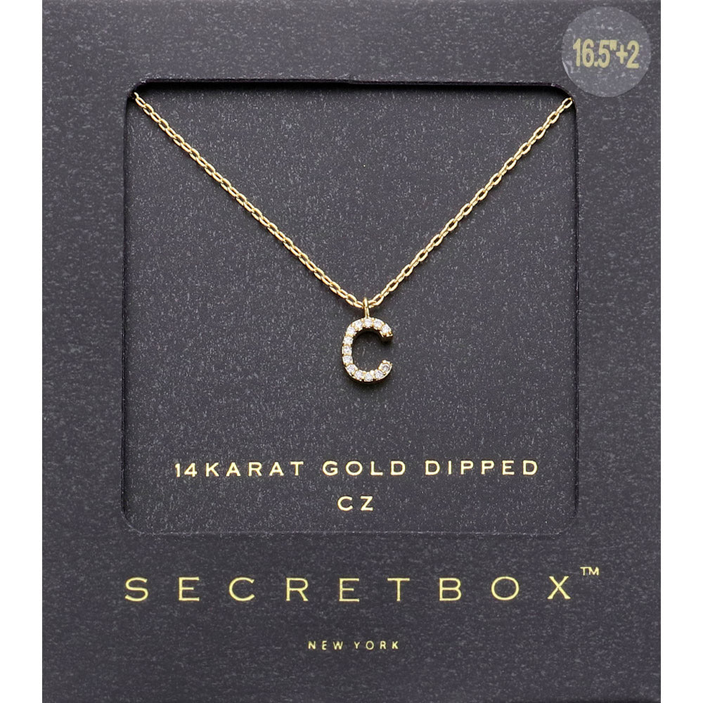~C~, Gold -C- Secret Box _ 14K Gold Dipped CZ Initial Monogram Pendant Necklace