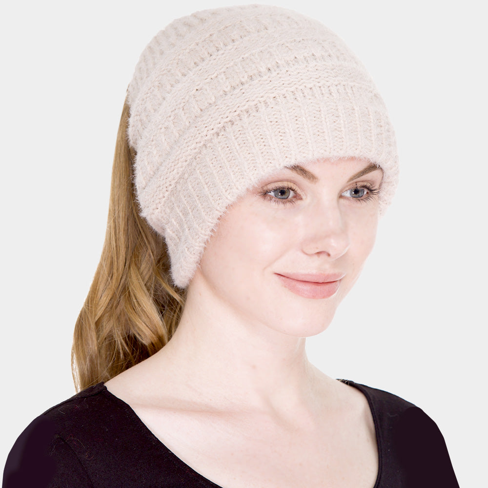 Beige Cable Knit Ponytail Beanie Hat
